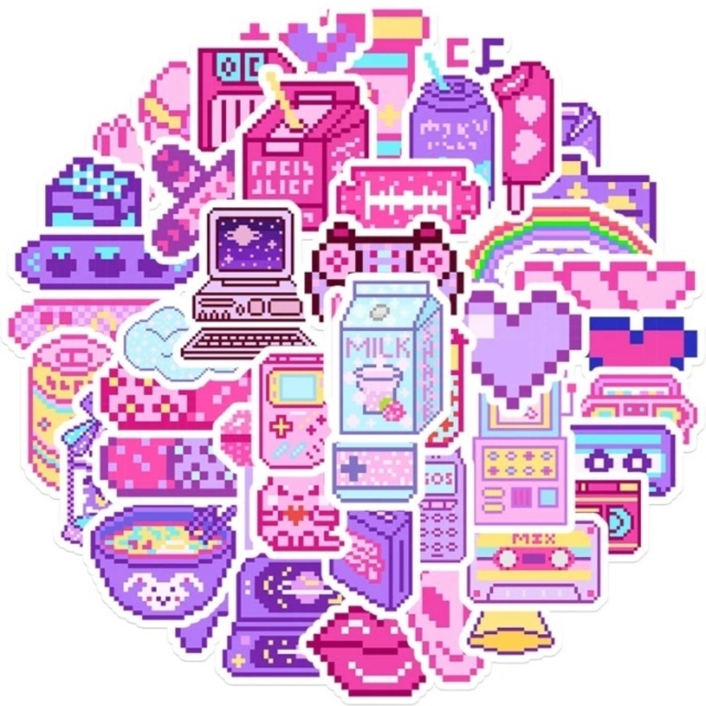 Retro Pixel Art Sticker Set 48 piece